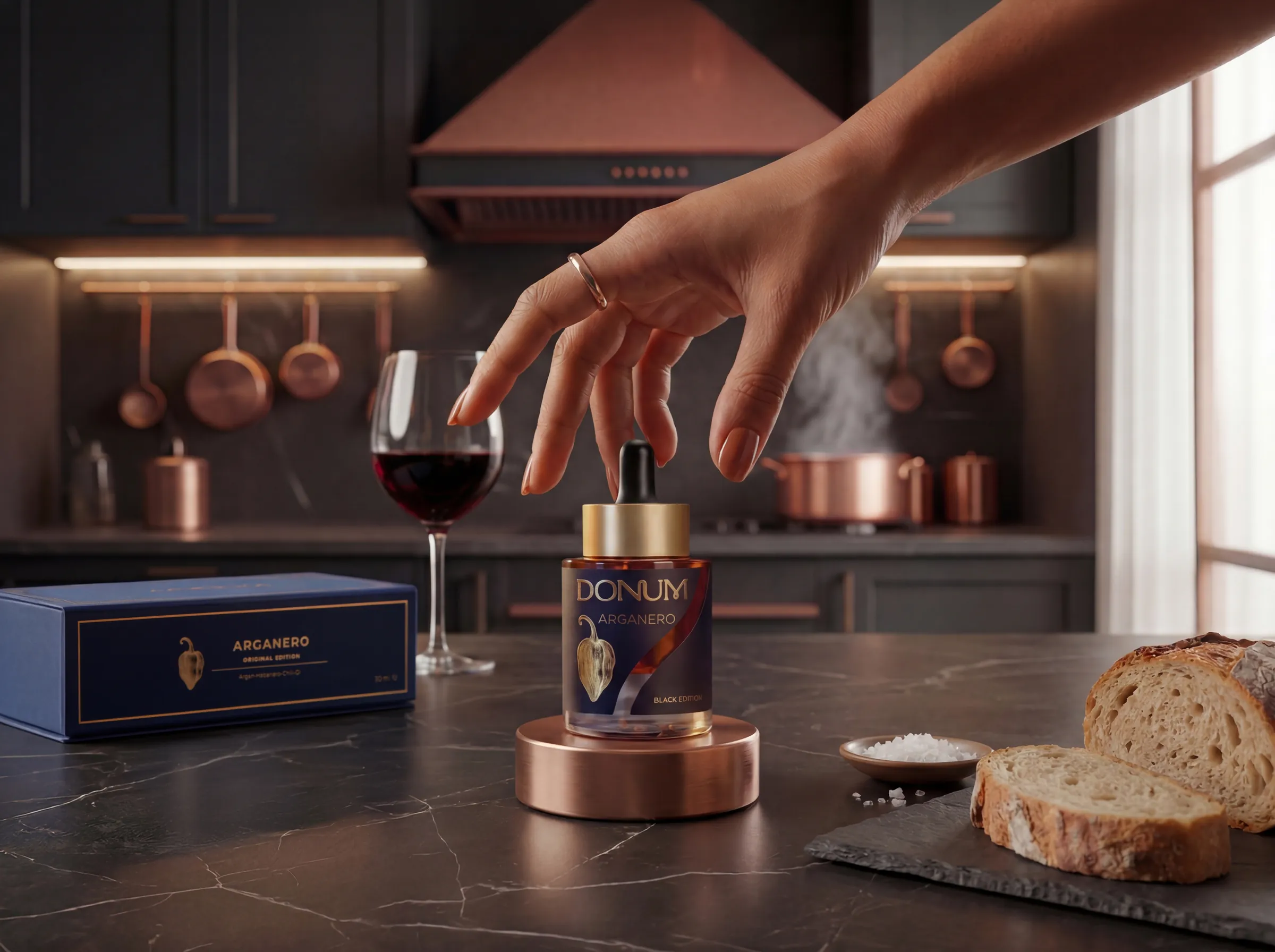 Eine Hand greift in einer dunklen Kueche nach dem ARGANERO Flakon, daneben Brot und Wein